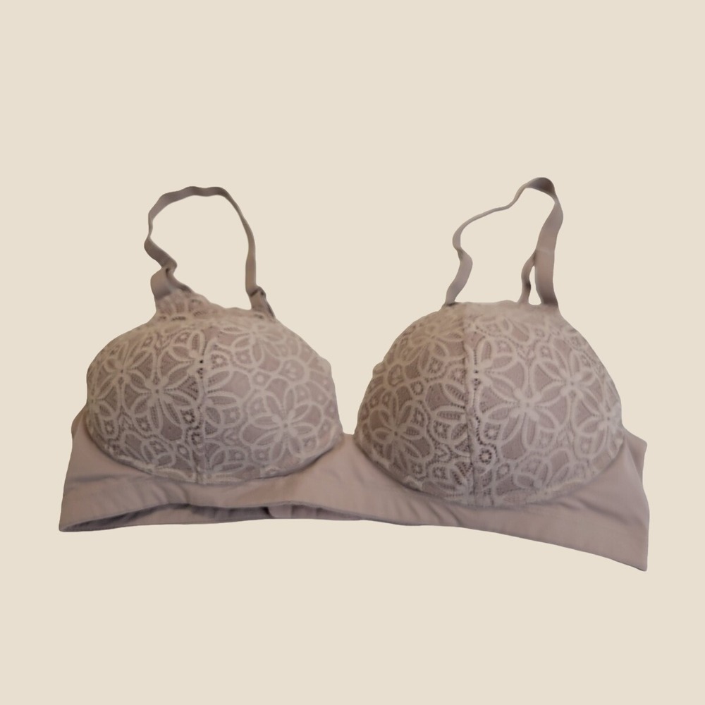 Maidenform Bra Wire Free Lace Overlay Comfort Adjust. Strap Taupe Beige Size L/G